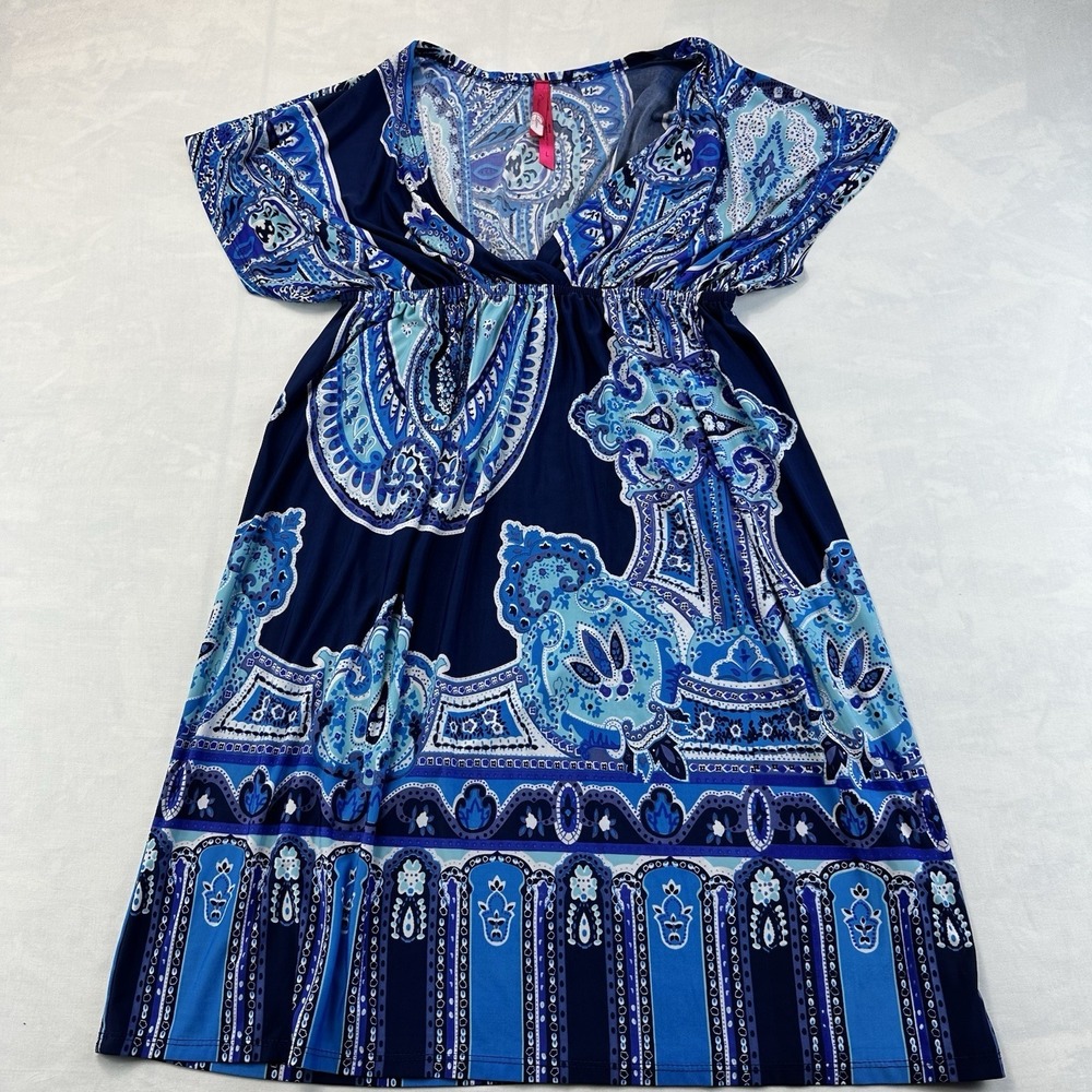Cristina Love Paisley Empire Waist Dress Women's Large Blue Short Sleeve Boho